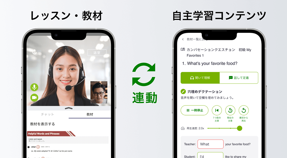 スマートフォンに表示されたレッスン画面と自主学習コンテンツ画面。中央に「連動」のアイコンと文字が添えられている。