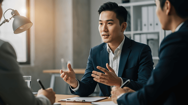 スーツ姿の男性が、会議室で向かいに座る相手熱心に説明している