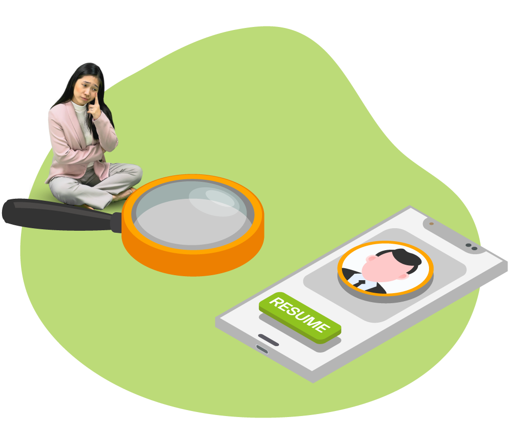 Woman sitting beside magnifying glass and resume