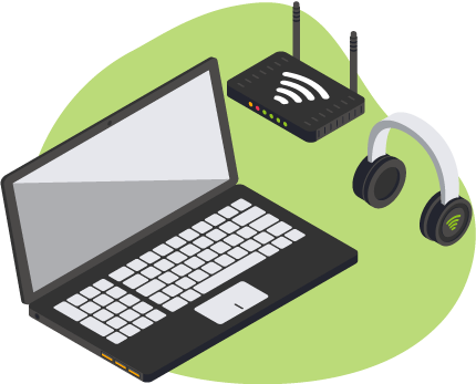 laptop with router and headset